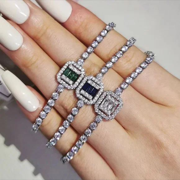 NEW “7” LUXURY 3MM DIAMOND BLUE’GREEN’ SILVER’ S925 STERLING BRACELET - Picture 2 of 5